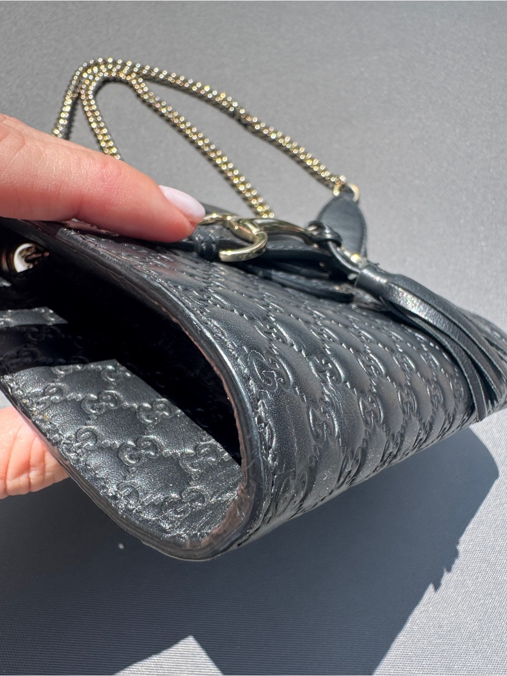 Gucci Emily Black Embossed GG Guccissima Crossbody with Gold Horsebit and Tassel - Picture 11 of 16